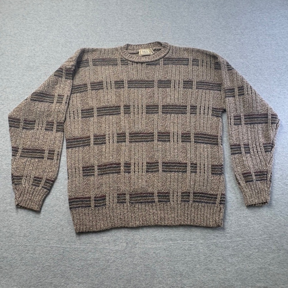 Vintage Bugle Boy Mens XL Sweater Marled Geometric Knit Crewneck Brown Grandpa